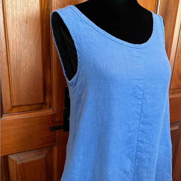 FLAX 100% Linen Shift Dress Sleeveless Relaxed Fit Midi Pockets Blue Size 4/6 - Picture 2 of 10